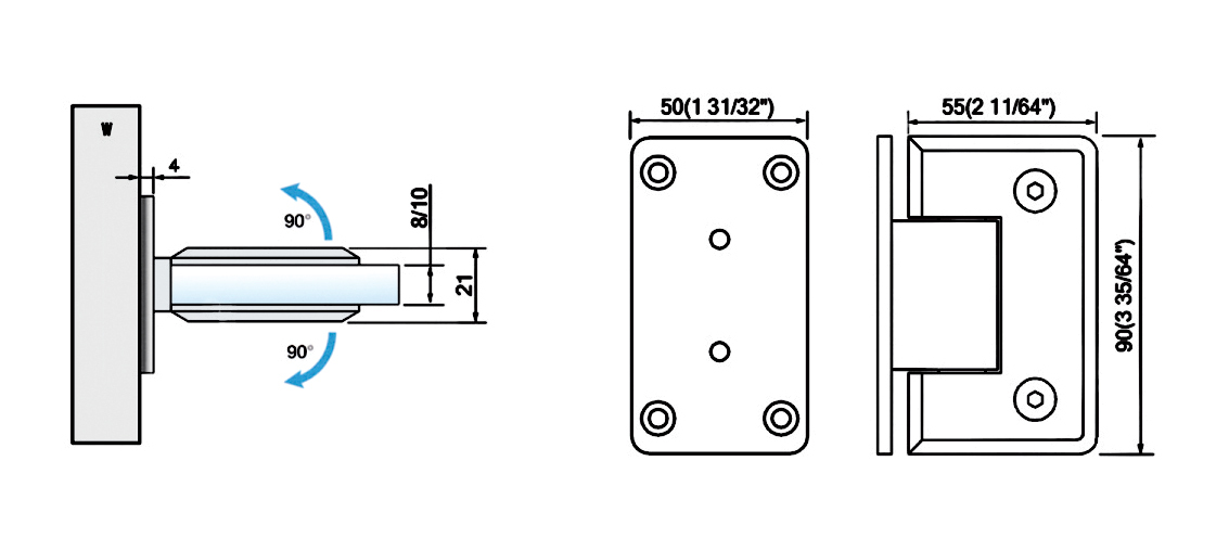 Hot Sell Standard Duty Shower Hinges Wall Mount 90 degree Glass Clamp Full Back Plate Glass Door Hinge L-2111