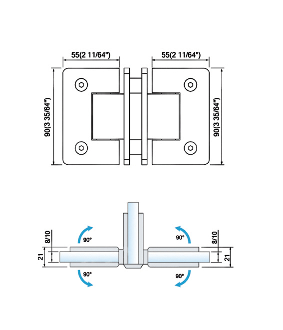 Brass T Hinge Glass to Glass Shower Door Glass Clamp T Shape Standard Duty Shower Hinges L-2108