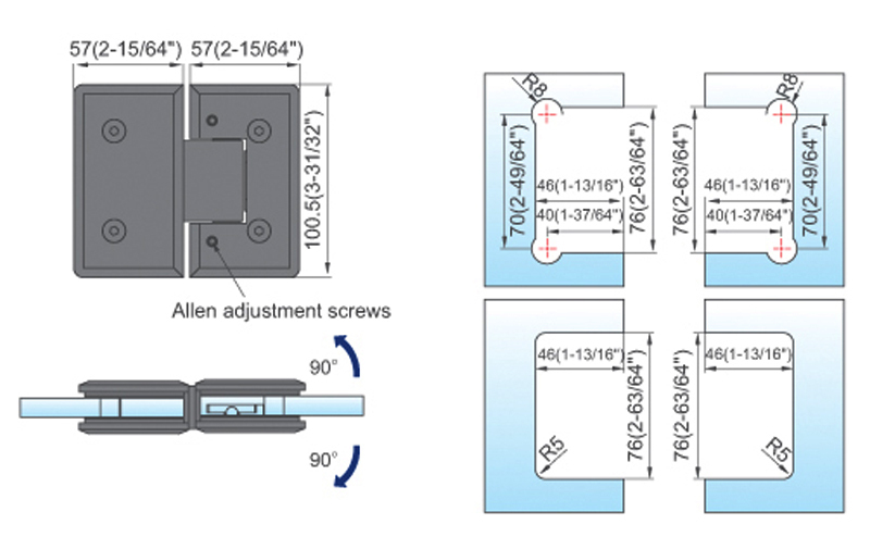 Adjustable Heavy Duty Shower Hinges Wall Mount For Glass Shower Door 90 Degree L-5163