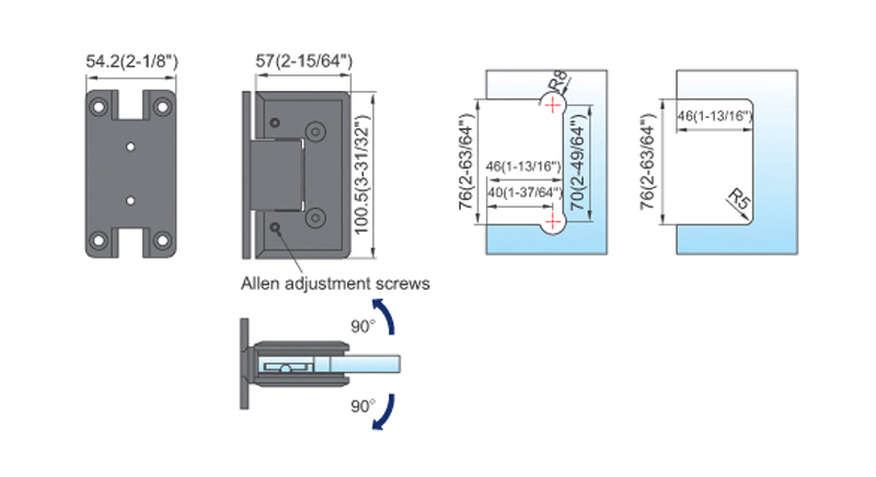 Adjustable Heavy Duty Shower Hinges Wall Mount For Glass Shower Door 90 Degree L-5166