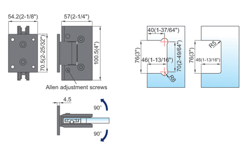 Adjustable Heavy Duty Shower Hinges Wall Mount For Glass Shower Door 90 Degree L-5177