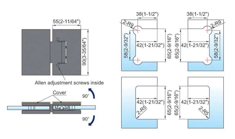 Adjustable Standard Duty Shower Hinges With Covers Bathroom Glass Door Clamps L-5103AD