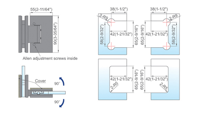 Adjustable Standard Duty Shower Hinges With Covers For Frameless Shower Glass Door L-5105AD