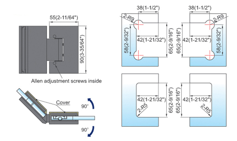 Adjustable Standard Duty Shower Hinges With Covers Frameless Shower Glass Door Clips L-5104AD