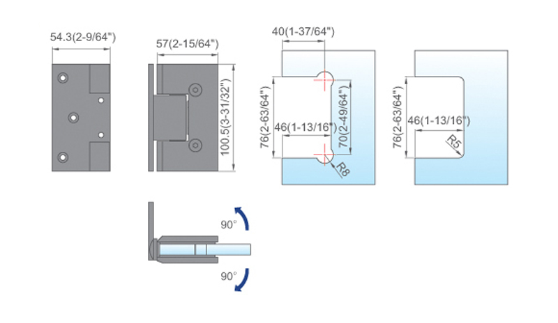 Heavy Duty Shower Hinges Wall Mount For Glass Shower Door 90 Degree L-5122