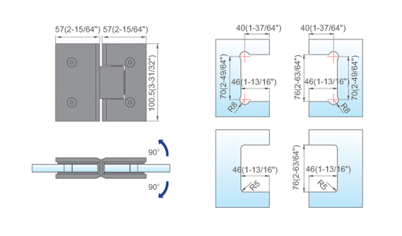 Heavy Duty Shower Hinges Wall Mount For Glass Shower Door 90 Degree L-5123