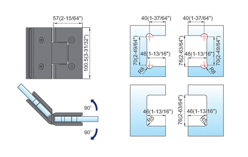 Heavy Duty Shower Hinges Wall Mount For Glass Shower Door 90 Degree L-5124