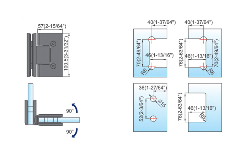 Heavy Duty Shower Hinges Wall Mount For Glass Shower Door 90 Degree L-5125