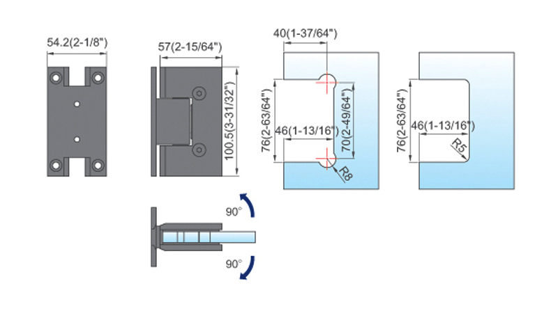 Heavy Duty Shower Hinges Wall Mount For Glass Shower Door 90 Degree L-5126