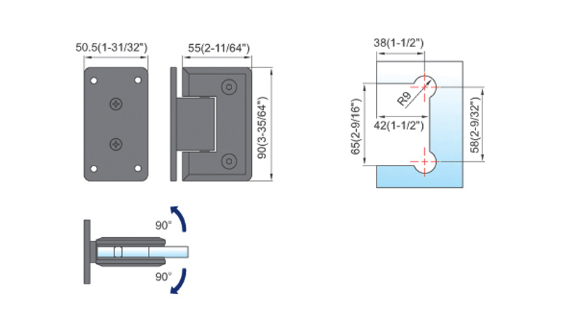 Hot Sell Standard Duty Shower Hinges Wall Mount 90 degree Glass Clamp Full Back Plate Glass Door Hinge L-2111