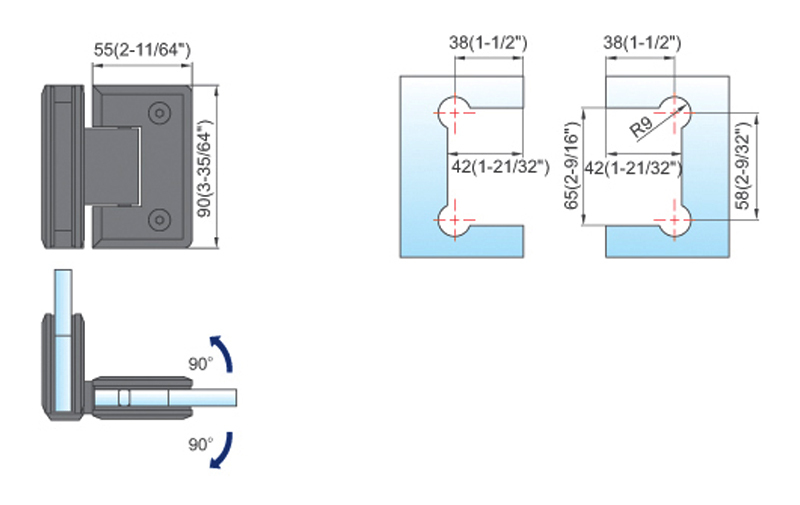 Standard Duty Shower Hinges Glass to Glass 90 degree Glass Clamp Glass Door Hinge L-2115