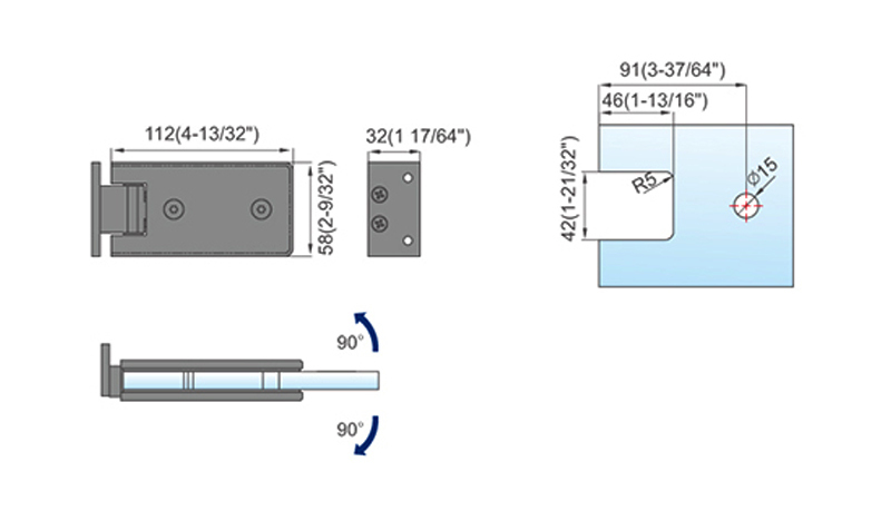 Standard Duty Shower Hinges Wall Mount 90 degree Glass Clamp OffSet Back Plate Glass Door Hinge L-2142