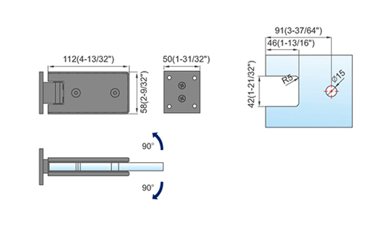Standard Duty Shower Hinges Wall to Glass Wall Mount Full Back Plate Shower Door Hinge L-2141