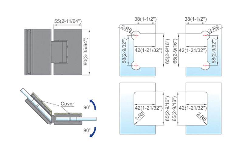 Standard Duty Shower Hinges With Covers Glass Fittings Brass Door Hinge L-5104