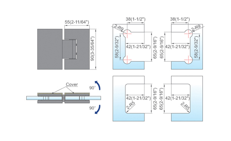 Standard Duty Shower Hinges With Covers Wall to Glass Brass Door Hinge L-5103