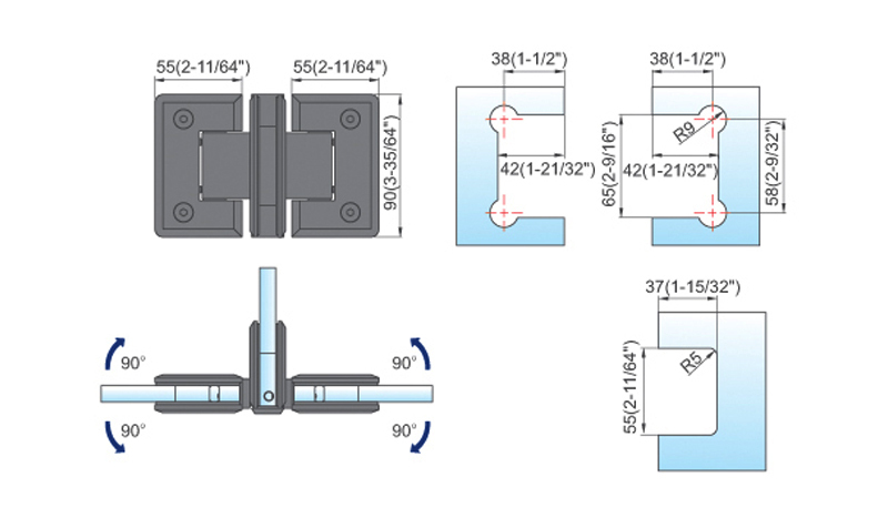 T Hinge Glass to Glass Shower Door T Shape Standard Duty Shower Hinges L-2118
