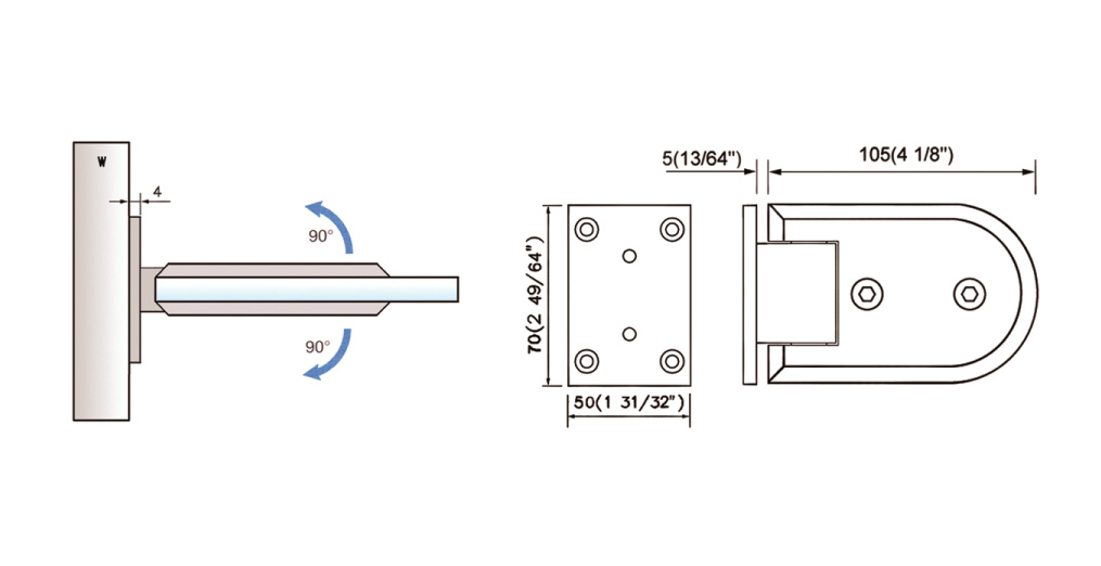 Standard Duty Shower Hinges Wall to Glass 90 Degree Full Back Plate Shower Door Hinge L-2131