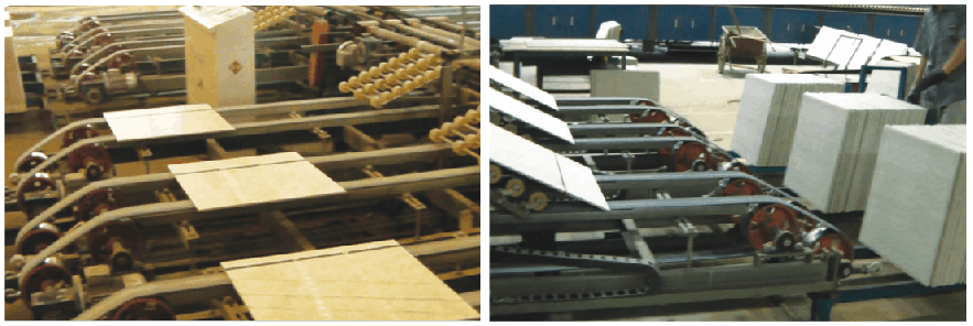Stacking process in tile packaging line