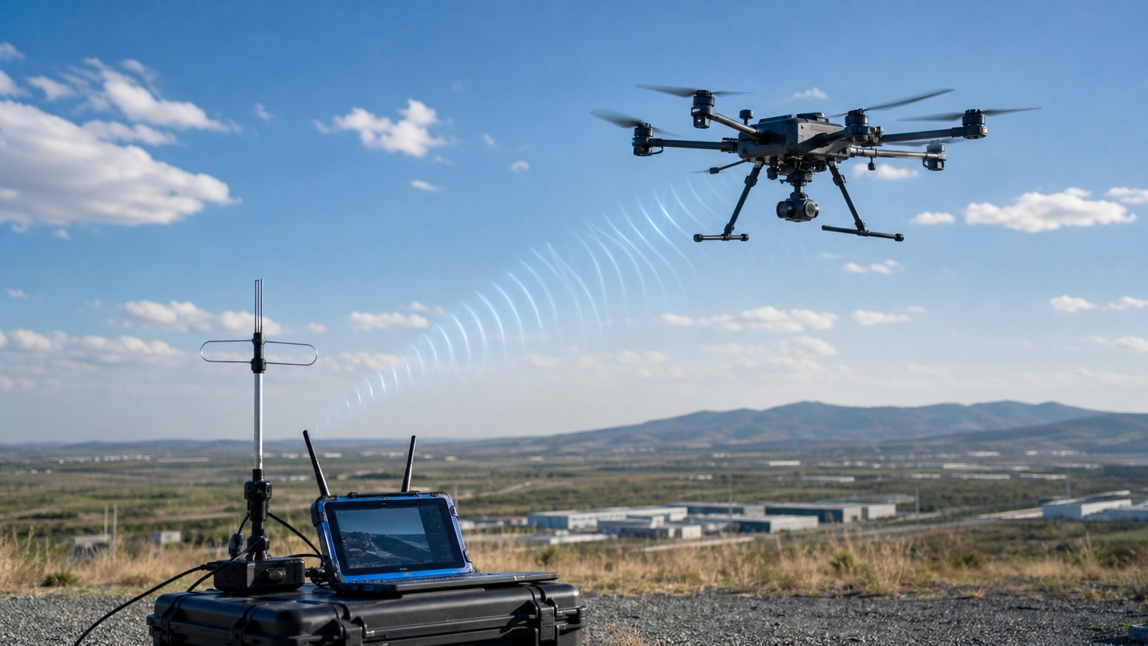 Industrial drone communicating with a ground control station and antenna