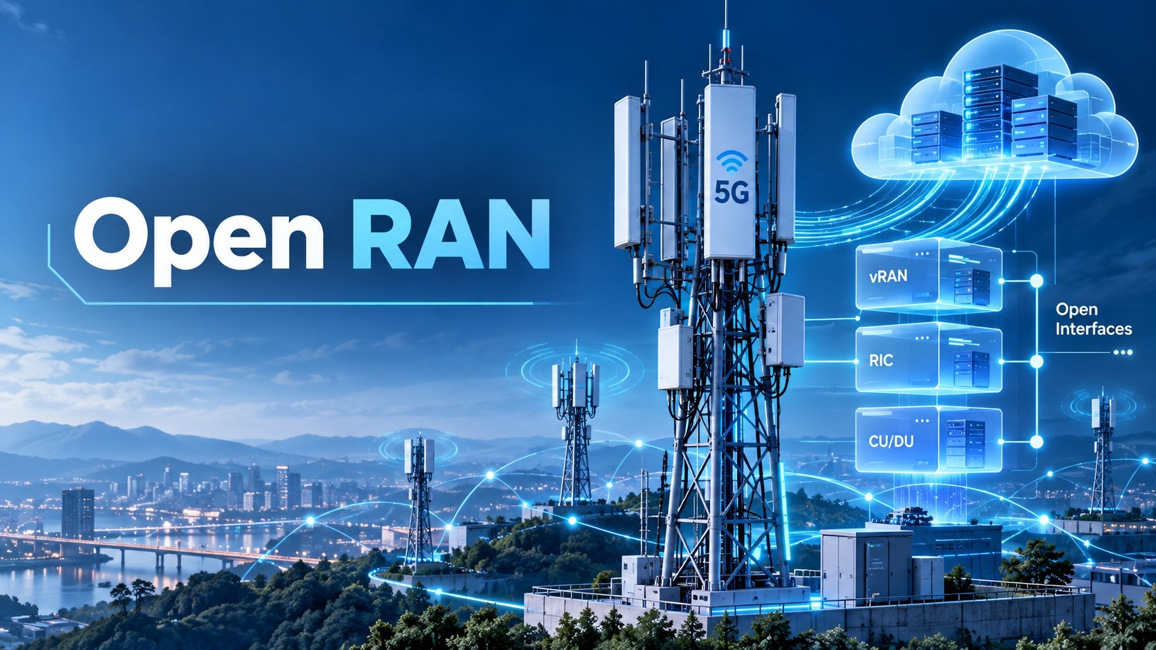 Open RAN illustration of a 5G tower with panel antennas and radio units linked through open interfaces to cloud-hosted vRAN, RIC and CU/DU functions