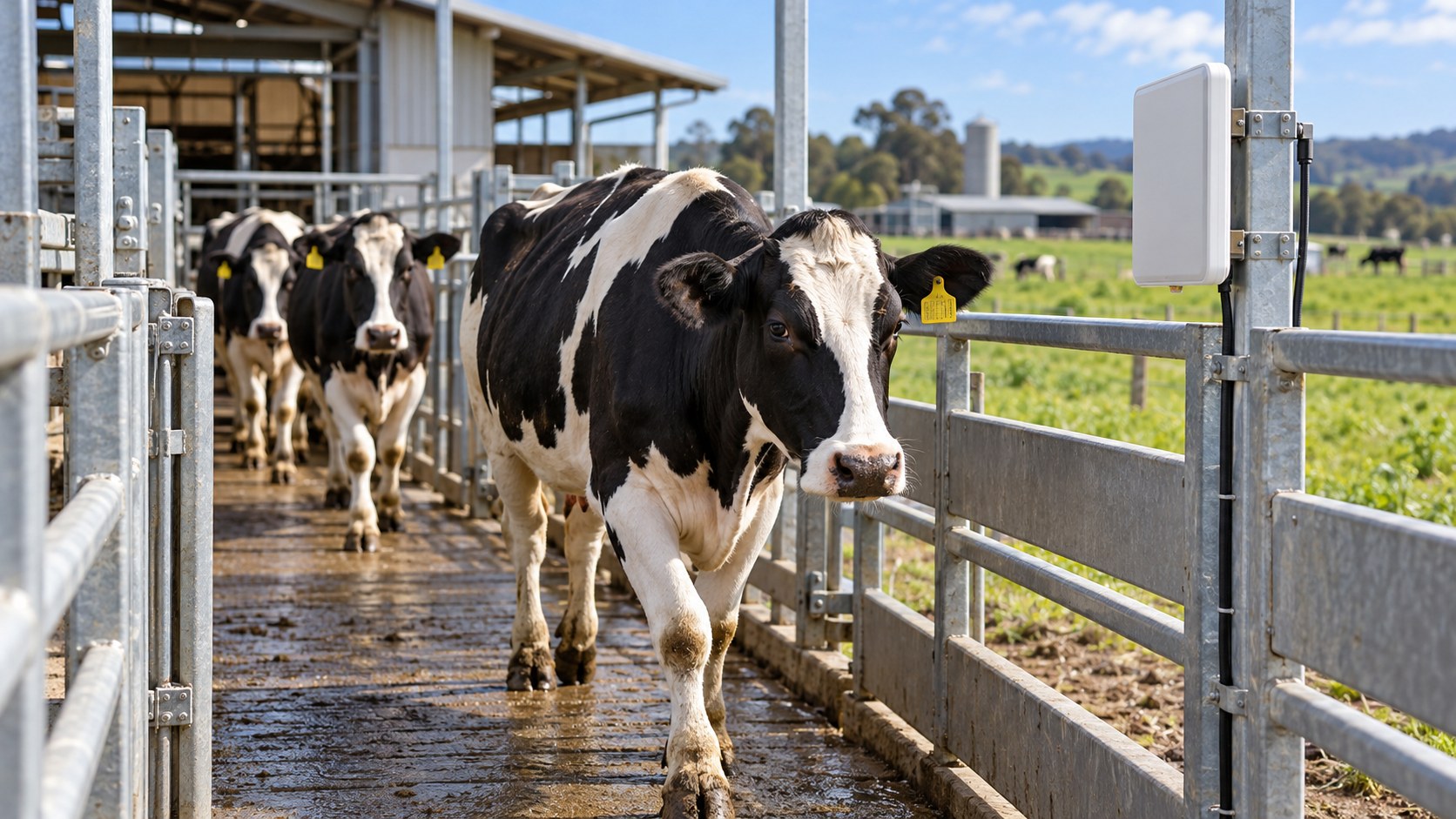 Cattle with electronic ear tags passing a fixed UHF RFID panel antenna in a farm chute