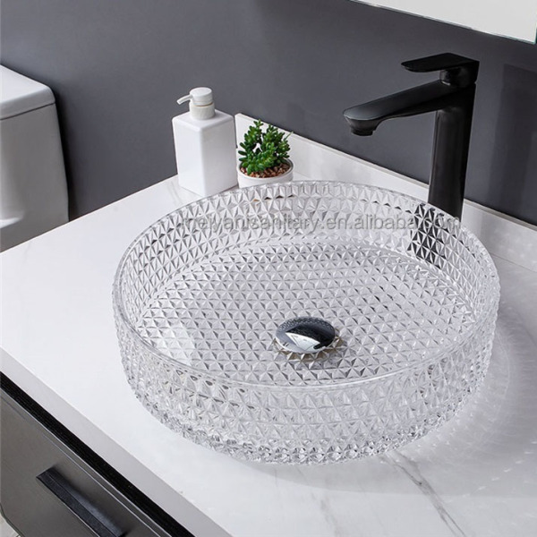 Countertop Transparent Diamond Shaped Crystal Glass Bathroom Wash Basin