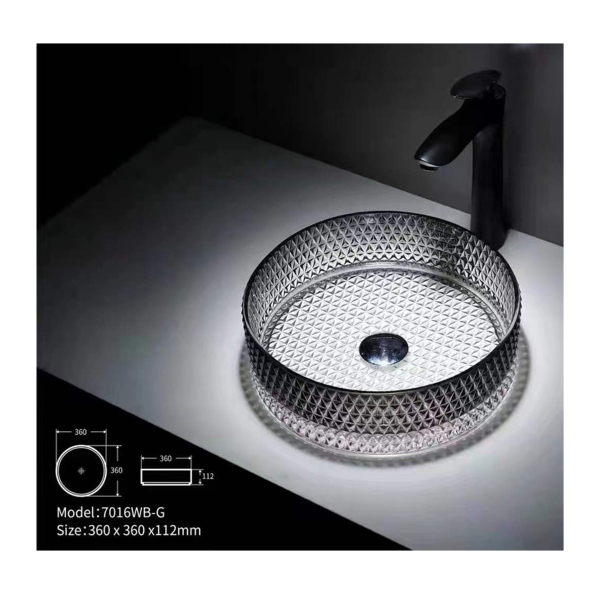 Countertop Transparent Diamond Shaped Crystal Glass Bathroom Wash Basin in Black