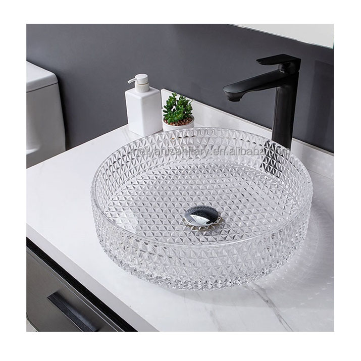 Countertop Transparent Diamond Shaped Crystal Glass Bathroom Wash Basin