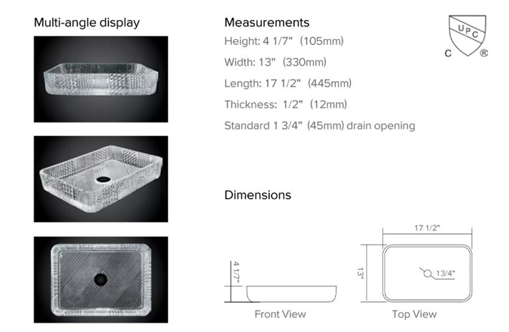 Rectangle bathroom vessel vanity glass sink wash basin