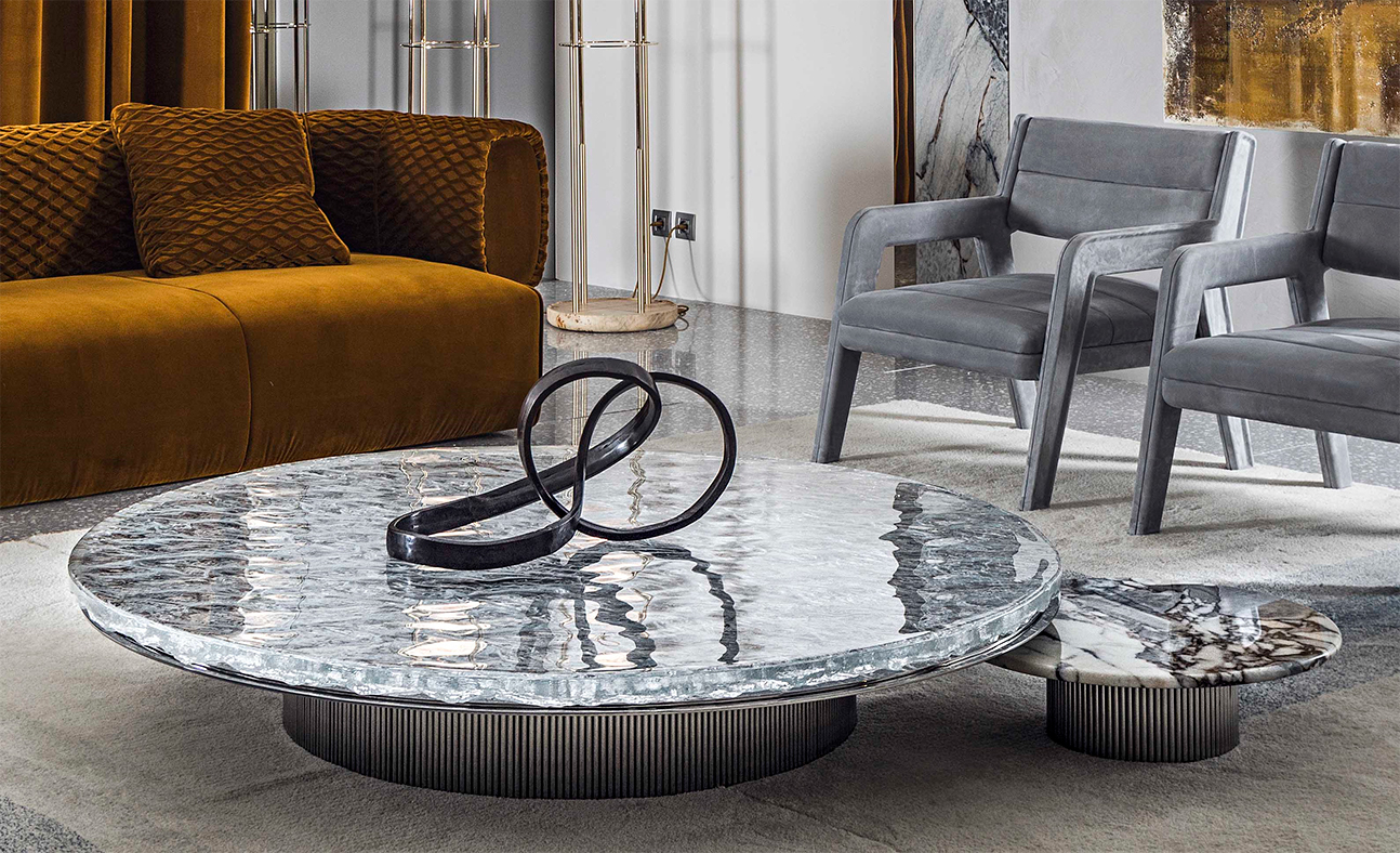 Italian CC design wavy water ripple crystal glass coffee table countertop